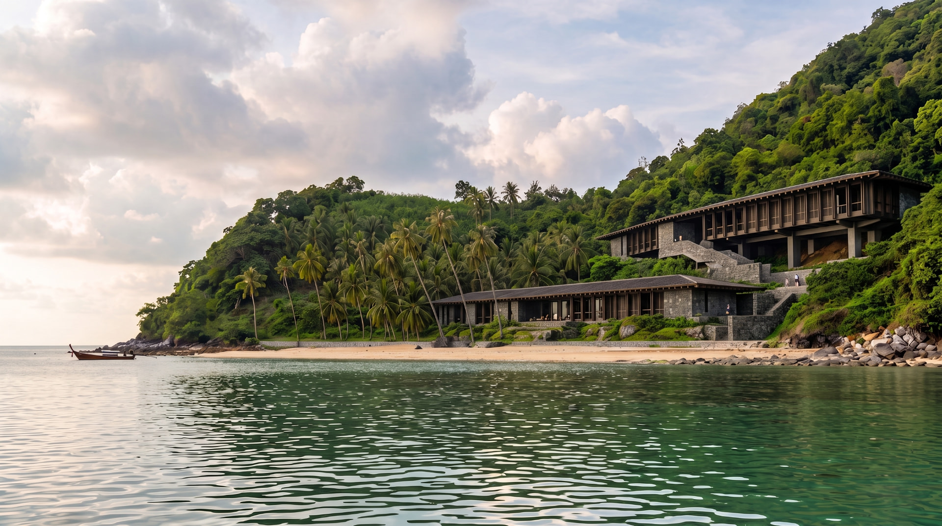 Illustrative wellness retreat pavilions terraced above the sand among the palms